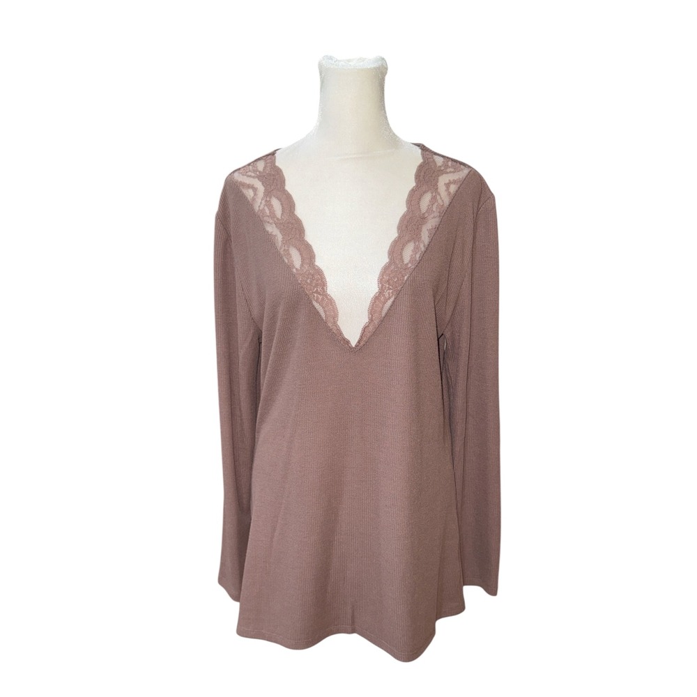 Torrid Waffle Knit Lace Trim V-Neck Long Sleeve Top Deep Taupe Size 0 L 12 NEW